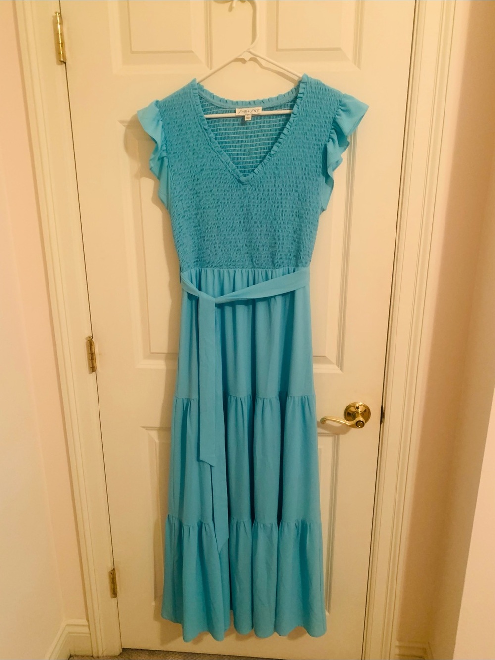 She + Sky Aqua Blue Smocked Maxi Dress with Tie Belt